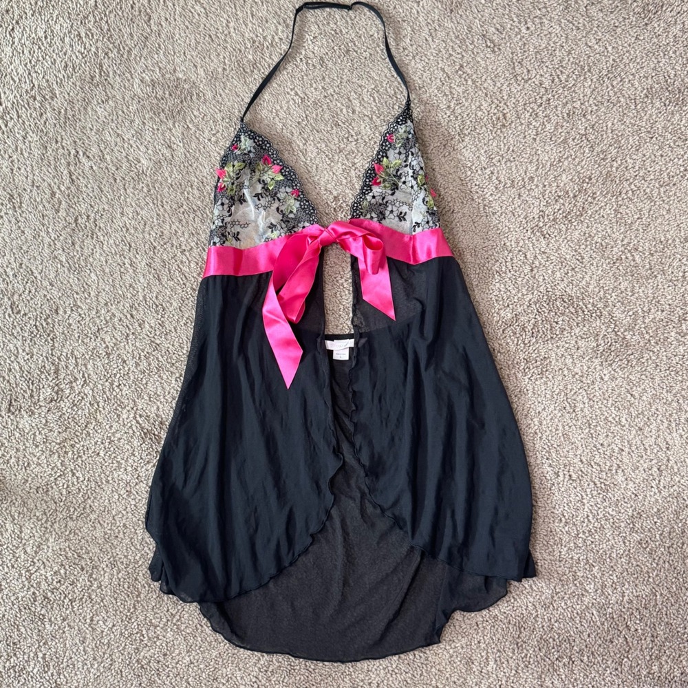 Victoria's Secret Womens Babydoll L Black Lace Floral Y2K Front Tie Top Coquette